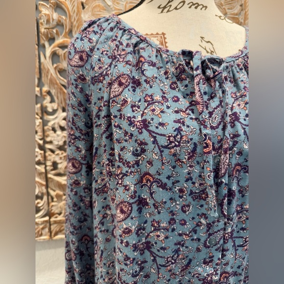 Lucky Brand Blue w/ Purple Floral, Boho Peasant Blouse- size L - Picture 7 of 13